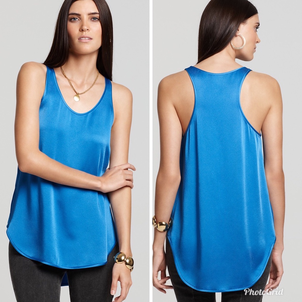 THEORY Blue Satin Tank Top Racerback Snap Side
